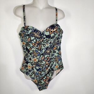 Tahiti Swimsuit Womens XL One Piece Padded Floral Wrap Front Multicolor Green